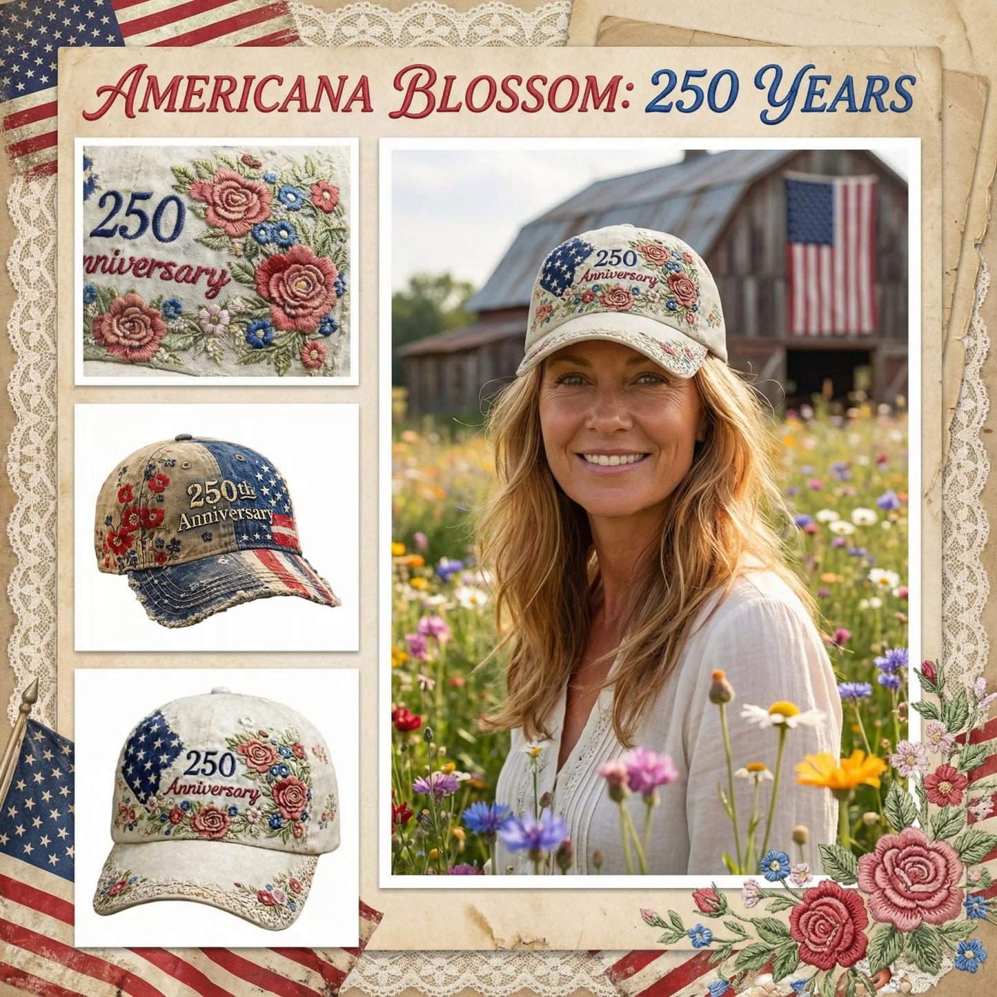 Gorra Conmemorativa 250 Aniversario USA - Diseño Floral Vintage