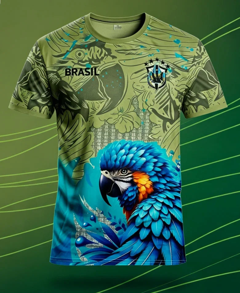 Camiseta Brasil Tropical - Loro y Bandera, Secado Rápido
